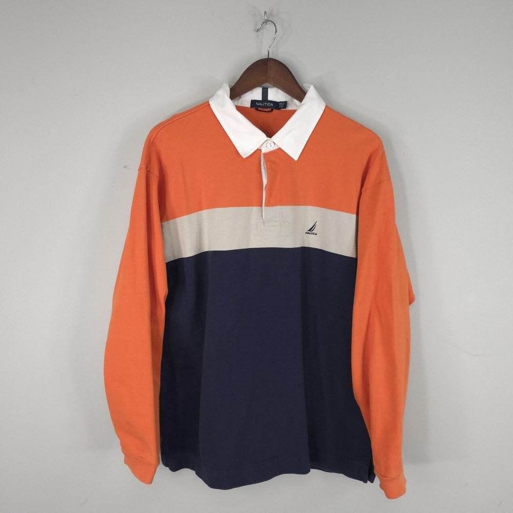 Nautica Polo Shirt Mens 2XL Orange‎ Navy Colorblock Rugby Long Sleeve Cotton